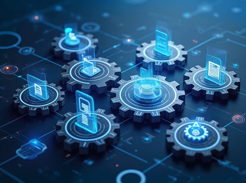 Digital gears connect to process information. Icons show documen