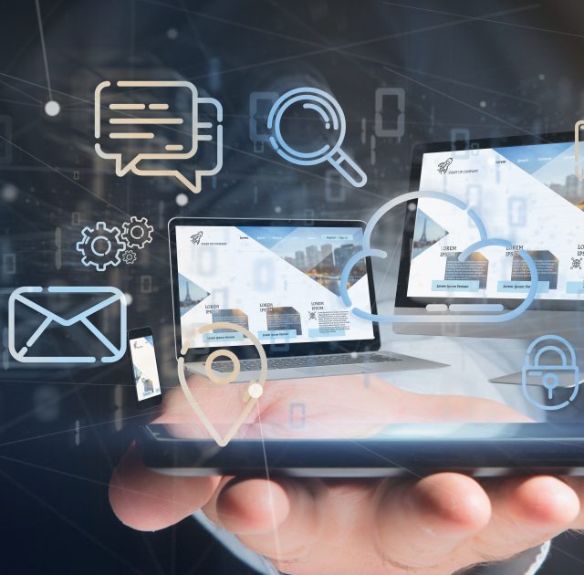 Businessman holding a Devices connected to a cloud multimedia network 3d rendering